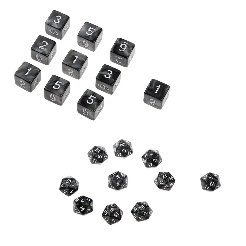 20Pcs Dice D20 D6 Polyhedral Dice for Dungeons and Dragons RPG Toy Black