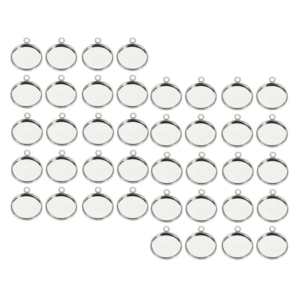 40Pc 12mm Silver Round Pendant Blank Cabochon Base Setting Trays DIY Jewelry