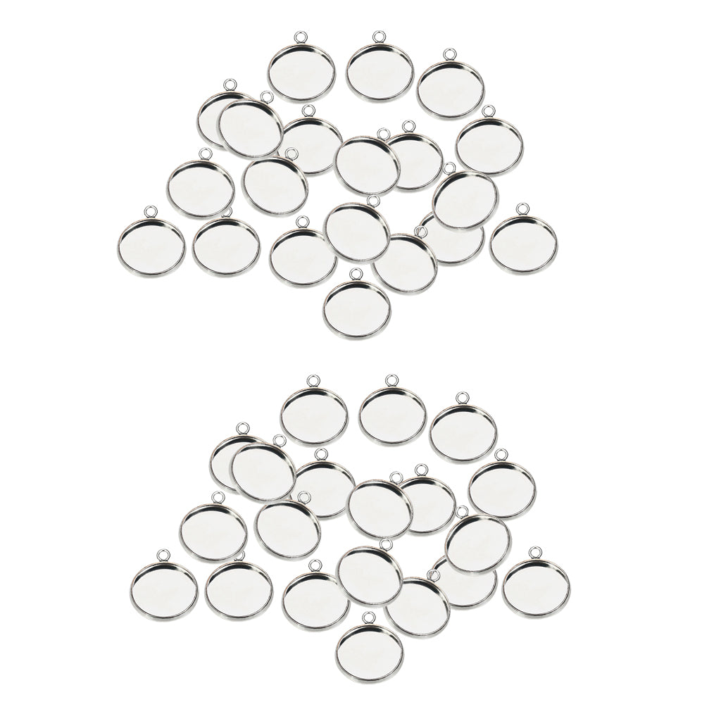 40Pc 12mm Silver Round Pendant Blank Cabochon Base Setting Trays DIY Jewelry
