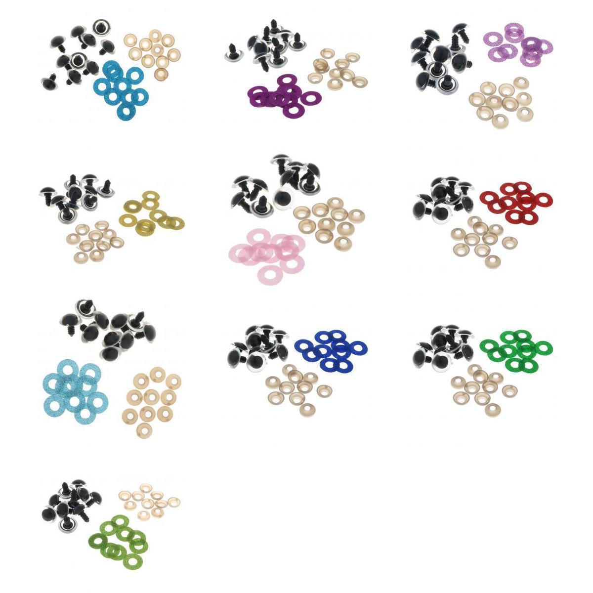 100pcs 10 colors Plastic Safety Toy Eyes + Glitter Nonwovens + Washer 18mm