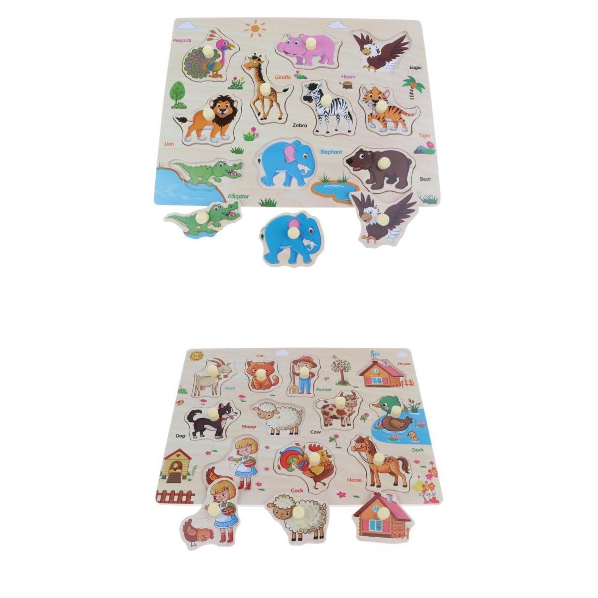 2 Set Wooden Peg Puzzle Kids Preschool Educational Toy - Zoo & Farm Animals