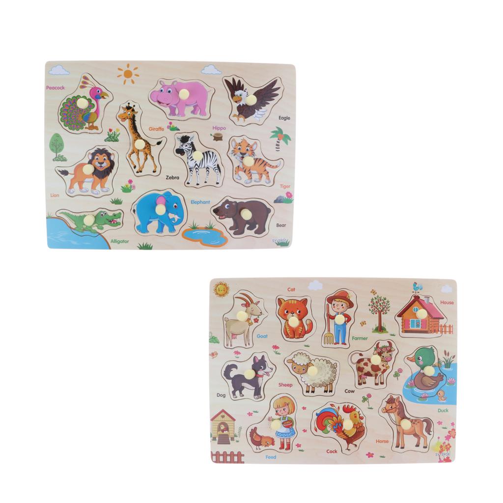 2 Set Wooden Peg Puzzle Kids Preschool Educational Toy - Zoo & Farm Animals