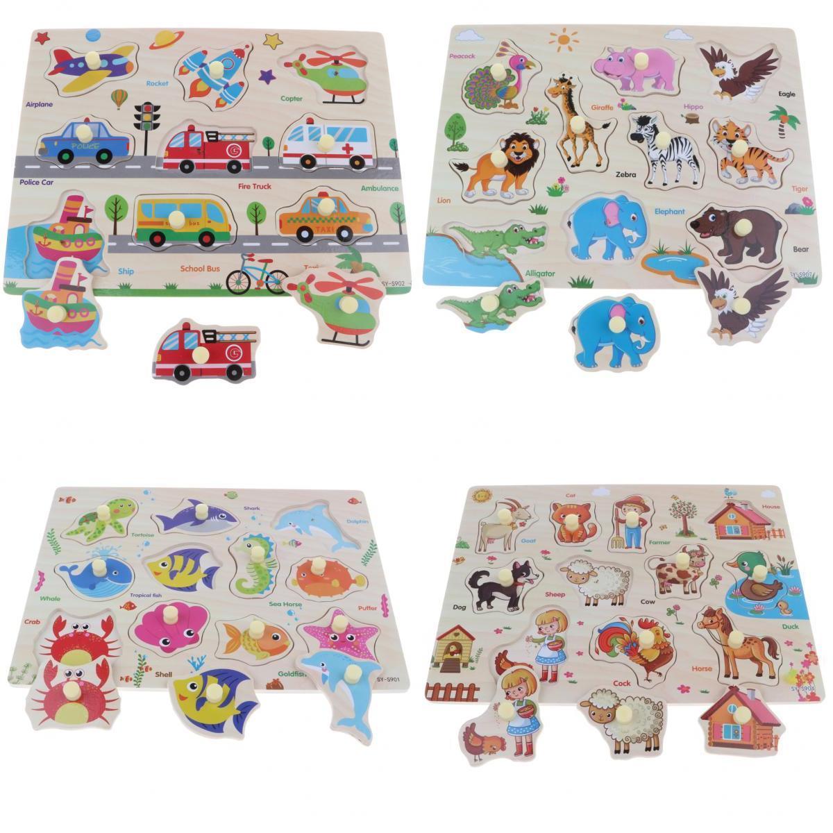 4 Set Wooden Peg Puzzle Traffic & Animals Jigsaw Preschool Educational Toy