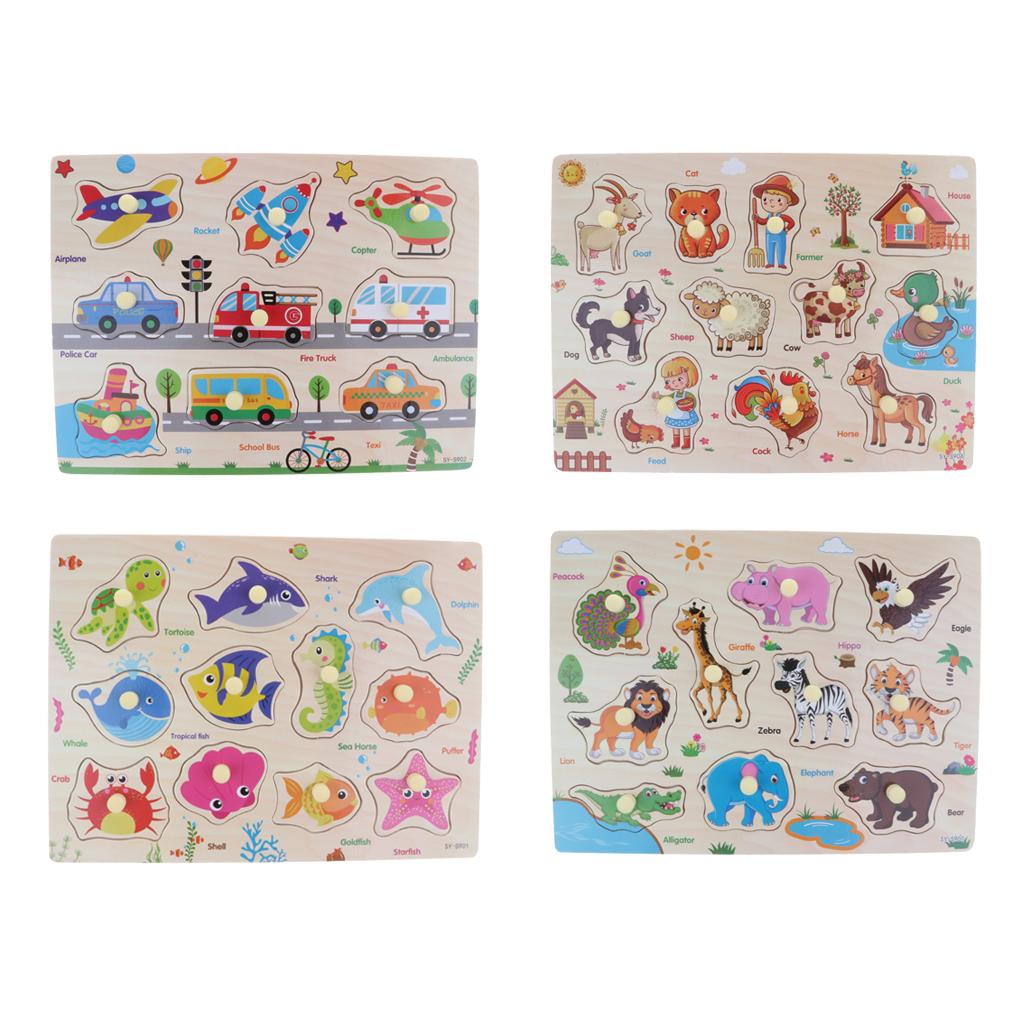 4 Set Wooden Peg Puzzle Traffic & Animals Jigsaw Preschool Educational Toy