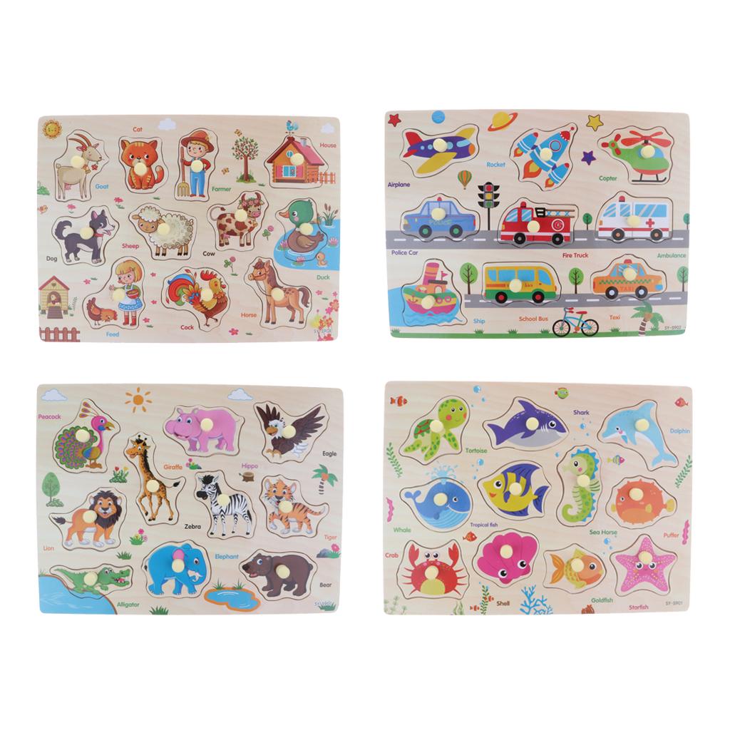 4 Set Wooden Peg Puzzle Traffic & Animals Jigsaw Preschool Educational Toy