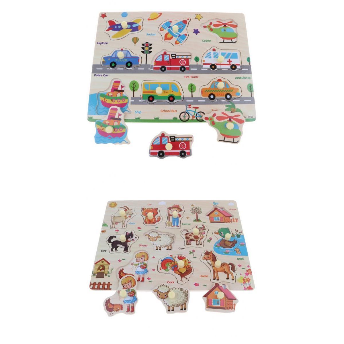 2 Set Wooden Peg Puzzle Preschool Educational Toy - Traffic & Farm Animals