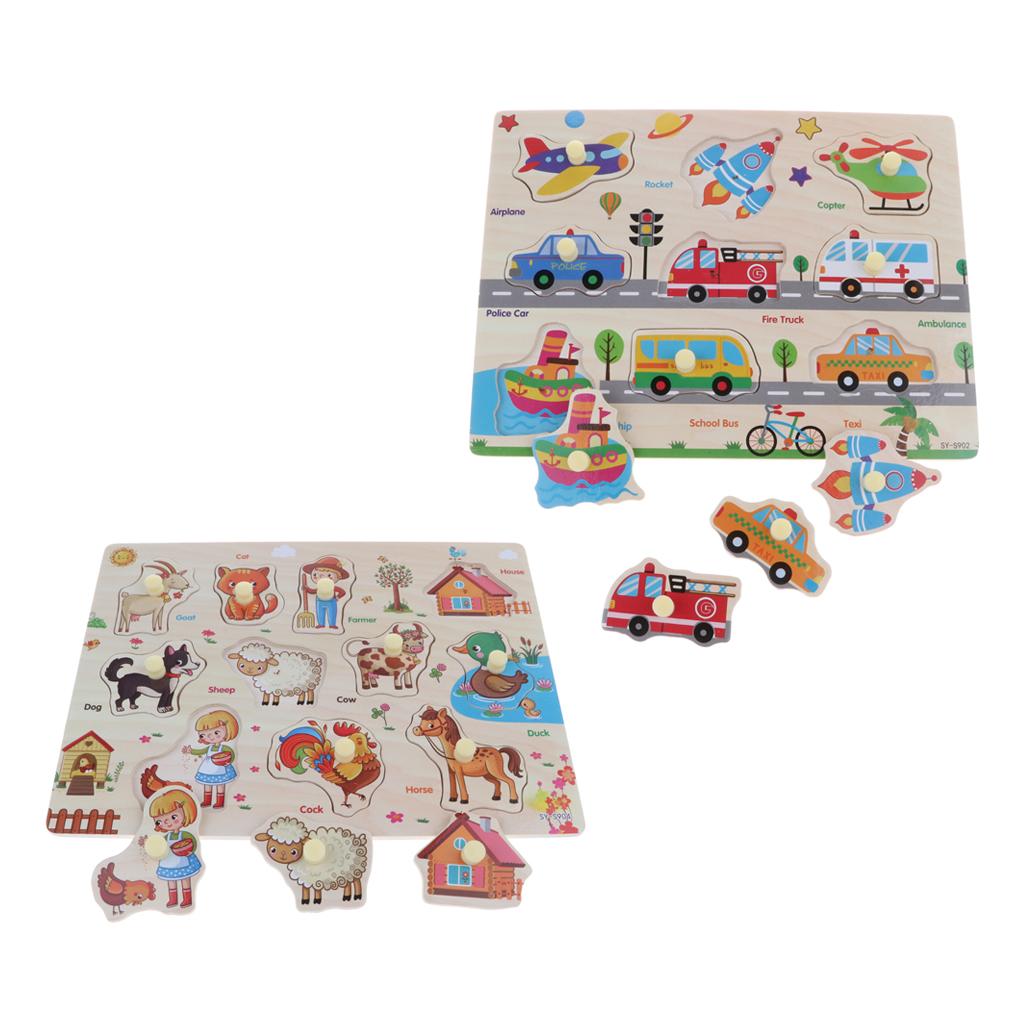 2 Set Wooden Peg Puzzle Preschool Educational Toy - Traffic & Farm Animals