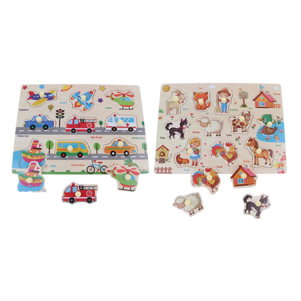 2 Set Wooden Peg Puzzle Preschool Educational Toy - Traffic & Farm Animals