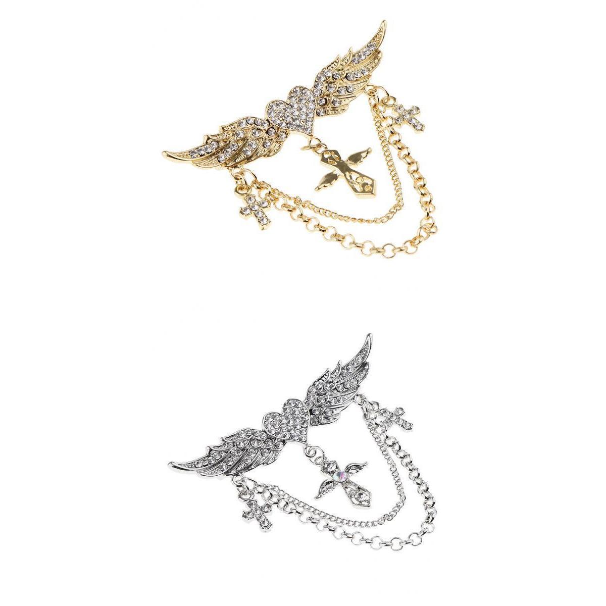 2 Pieces Rhinestone Flying Wings Heart Cross Chain Tassel Pin Collar Brooch