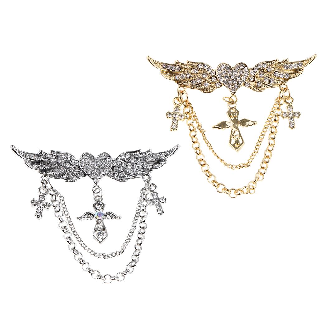 2 Pieces Rhinestone Flying Wings Heart Cross Chain Tassel Pin Collar Brooch