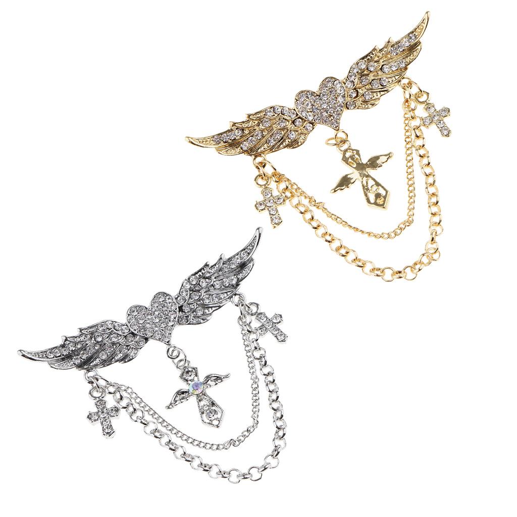 2 Pieces Rhinestone Flying Wings Heart Cross Chain Tassel Pin Collar Brooch