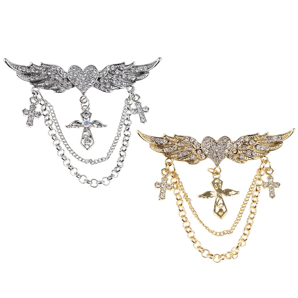 2 Pieces Rhinestone Flying Wings Heart Cross Chain Tassel Pin Collar Brooch