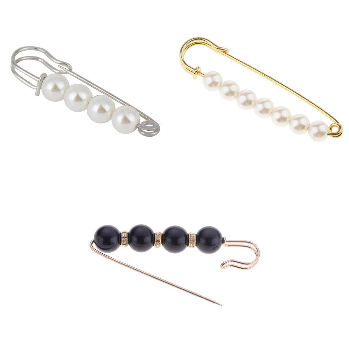3 Pieces Luxury Imitation Pearls Safety Pin Brooch Clip for Lady Scarf Gown