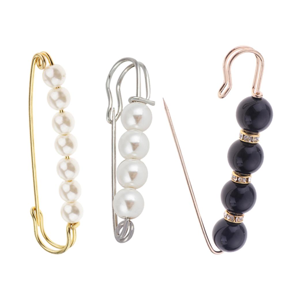 3 Pieces Luxury Imitation Pearls Safety Pin Brooch Clip for Lady Scarf Gown