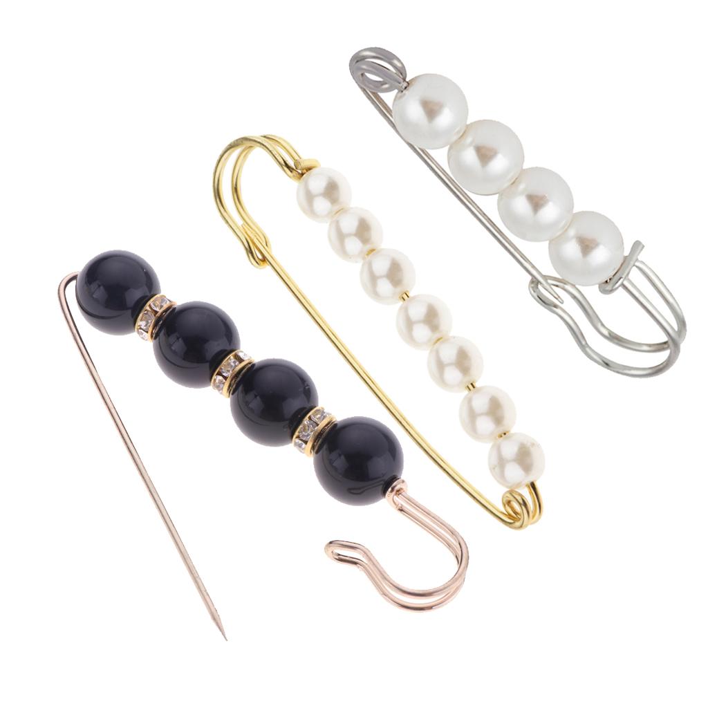 3 Pieces Luxury Imitation Pearls Safety Pin Brooch Clip for Lady Scarf Gown