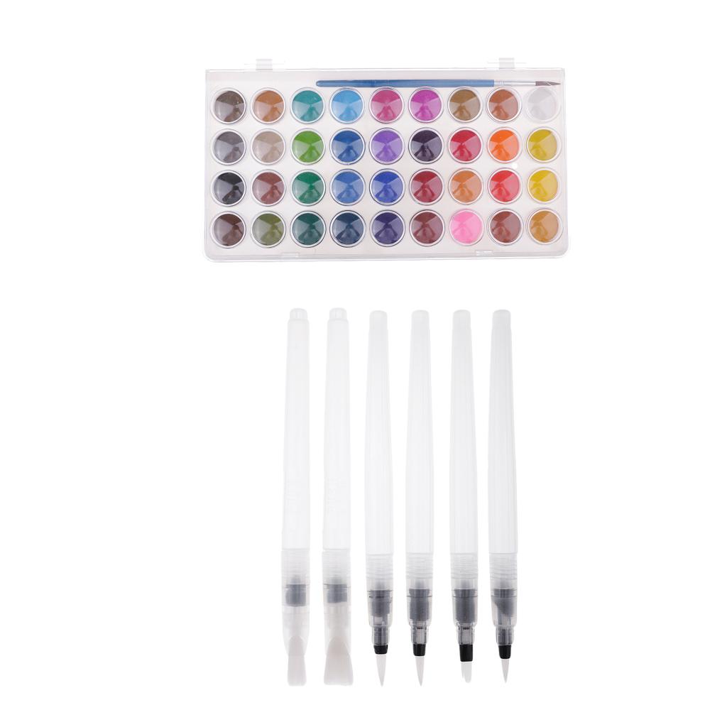 36 Colors Solid Watercolor Paints Pan Set & 6 Water Brush Pen Set