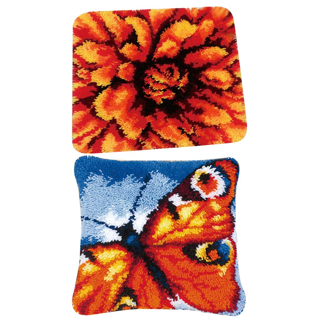 2 Sets Latch Hook Kits DIY Flower Butterfly Needle Embroidery Cushion Rugs
