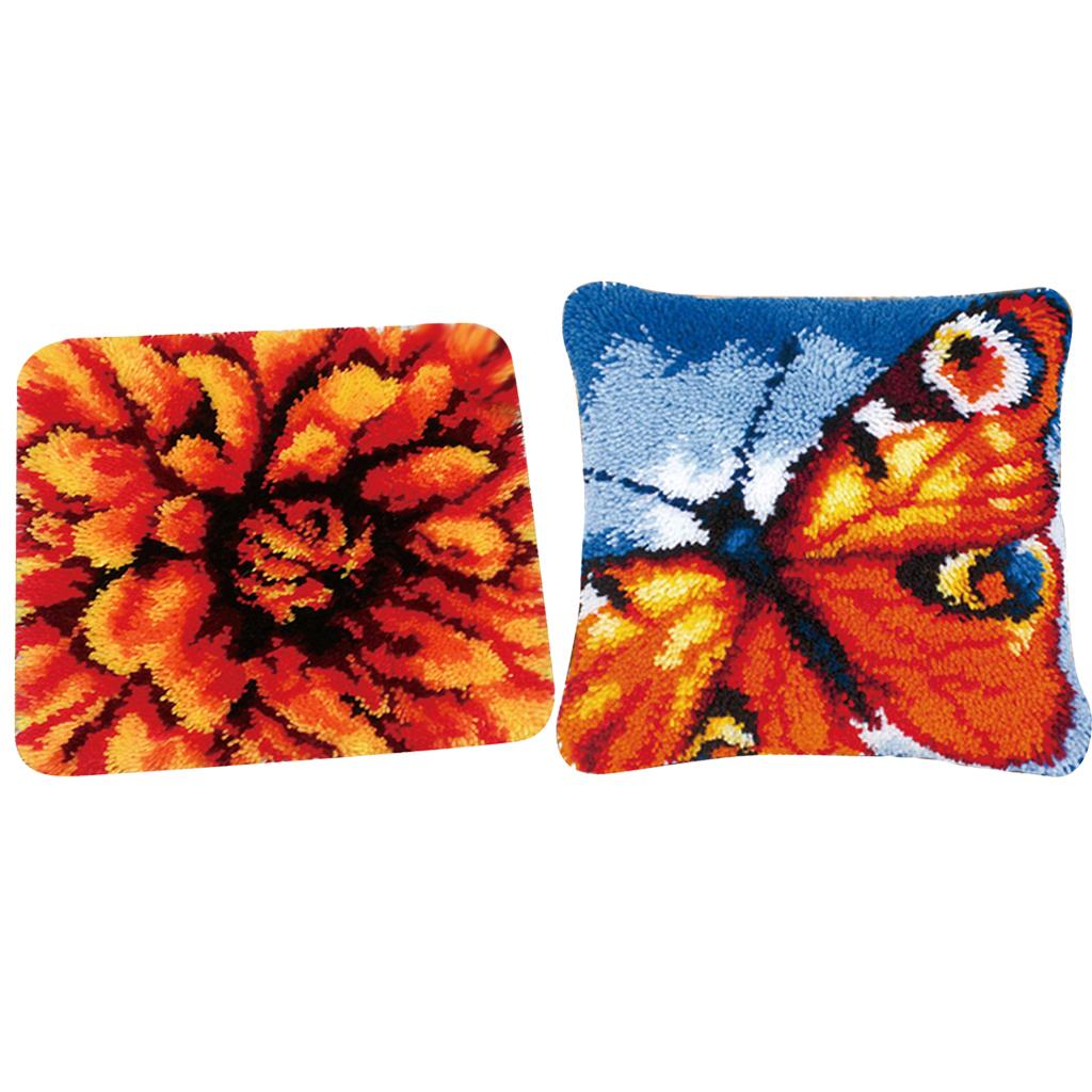 2 Sets Latch Hook Kits DIY Flower Butterfly Needle Embroidery Cushion Rugs