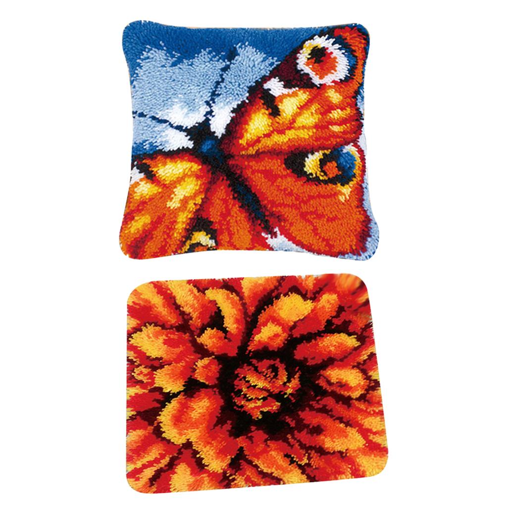 2 Sets Latch Hook Kits DIY Flower Butterfly Needle Embroidery Cushion Rugs