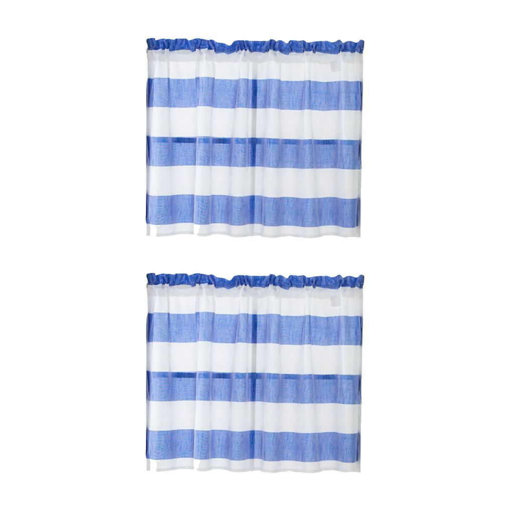2xWindow Striped Short Valance Rod Pocket Curtains Kitchen Blue_ 137x76cm