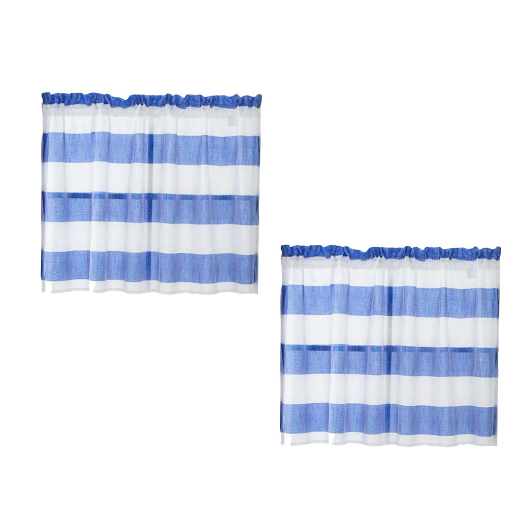 2xWindow Striped Short Valance Rod Pocket Curtains Kitchen Blue_ 137x76cm