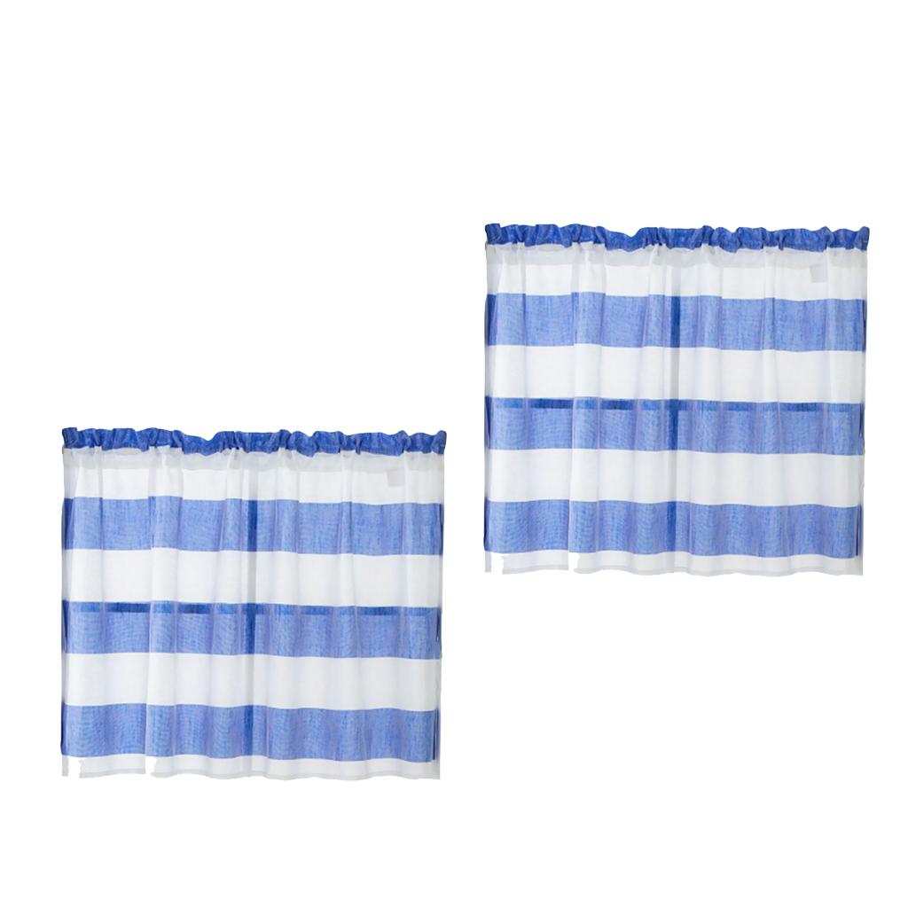 2xWindow Striped Short Valance Rod Pocket Curtains Kitchen Blue_ 137x76cm