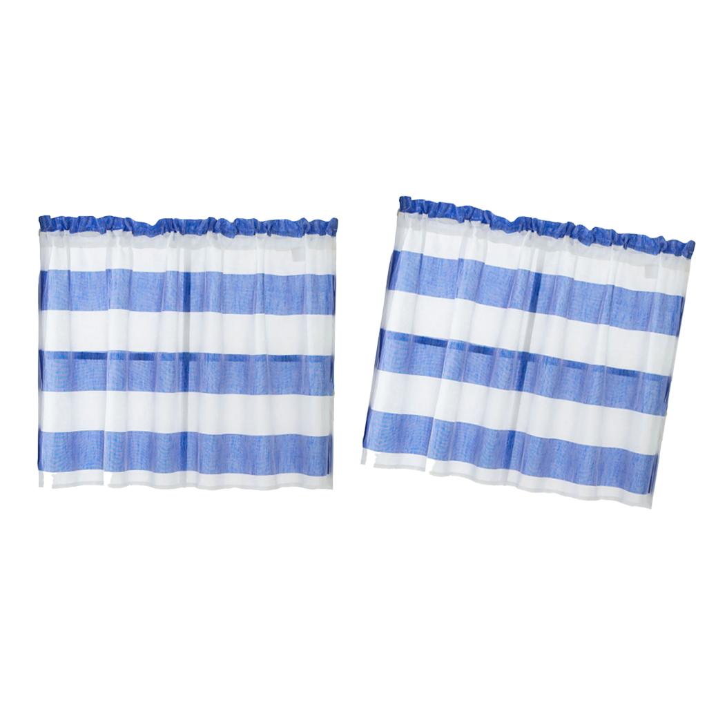 2xWindow Striped Short Valance Rod Pocket Curtains Kitchen Blue_ 137x76cm