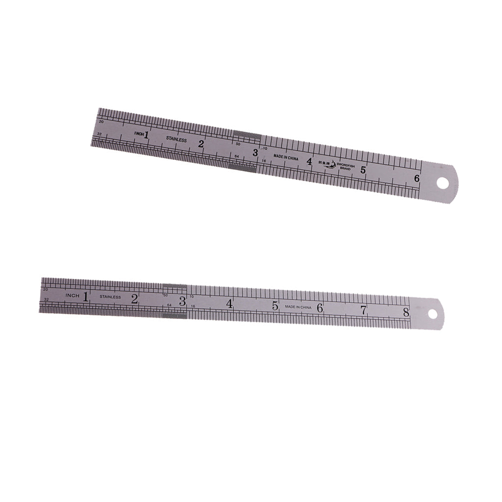 2 x Dual Side Stainless Steel Straight Ruler English/Metric Ruler 15cm/20cm