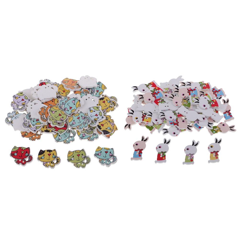 100pcs Cute Rabbit Cat 2 Holes Wooden Buttons DIY Crafts for Sewing Decor