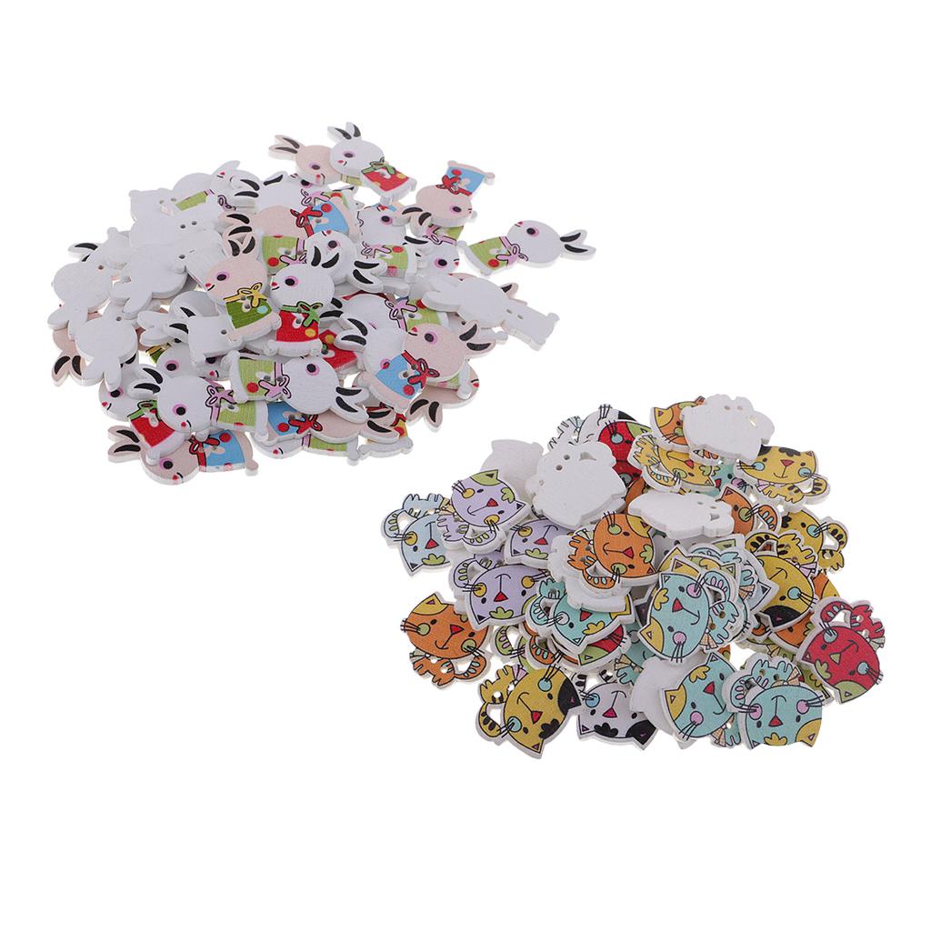 100pcs Cute Rabbit Cat 2 Holes Wooden Buttons DIY Crafts for Sewing Decor