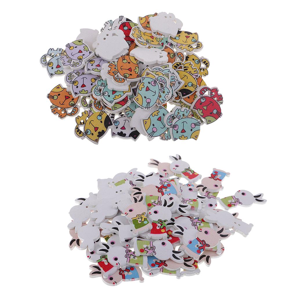 100pcs Cute Rabbit Cat 2 Holes Wooden Buttons DIY Crafts for Sewing Decor