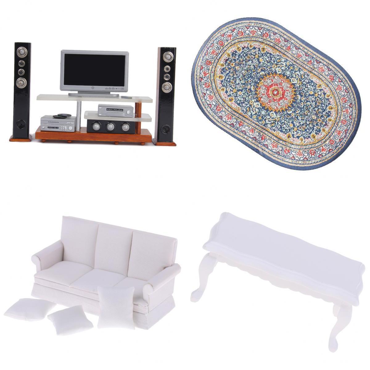 1/12 Dollhouse Miniature Sofa End Table TV Desk Rug Living Room Kit Model