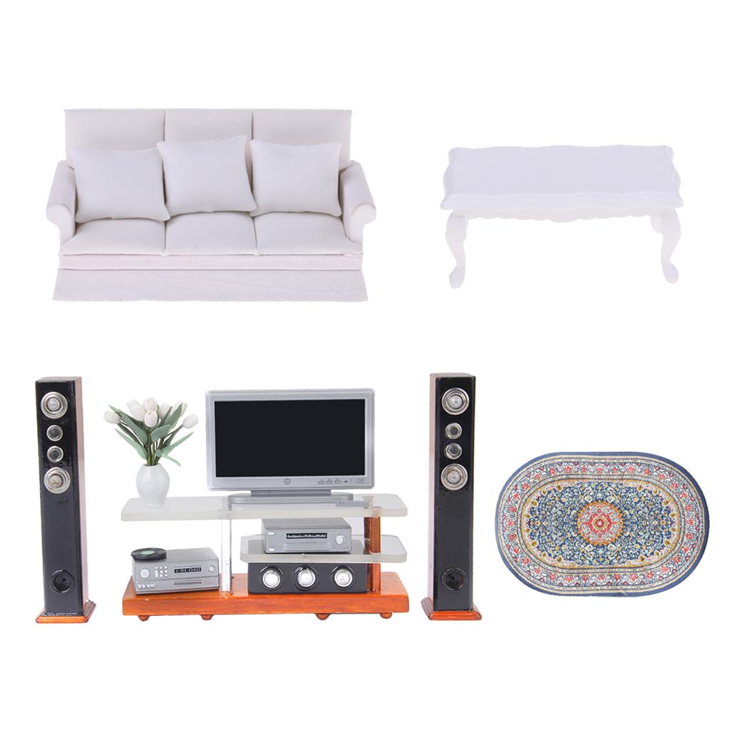 1/12 Dollhouse Miniature Sofa End Table TV Desk Rug Living Room Kit Model