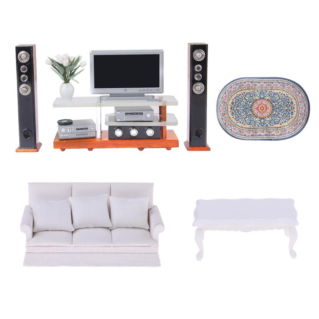 1/12 Dollhouse Miniature Sofa End Table TV Desk Rug Living Room Kit Model
