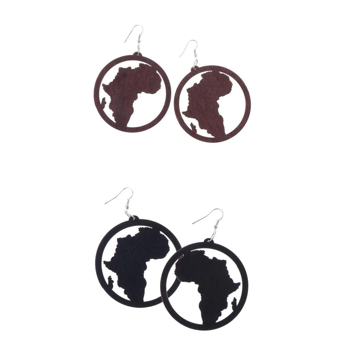 2 Pair Exaggerate Geometric African Map Wooden Drop Dangle Hook Earrings Set