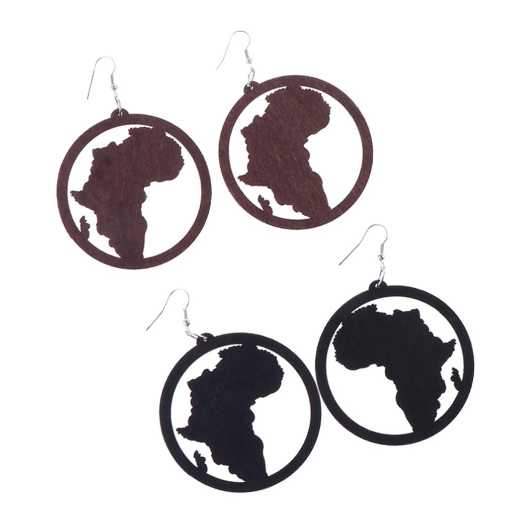 2 Pair Exaggerate Geometric African Map Wooden Drop Dangle Hook Earrings Set