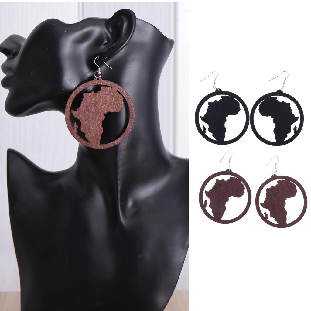 2 Pair Exaggerate Geometric African Map Wooden Drop Dangle Hook Earrings Set