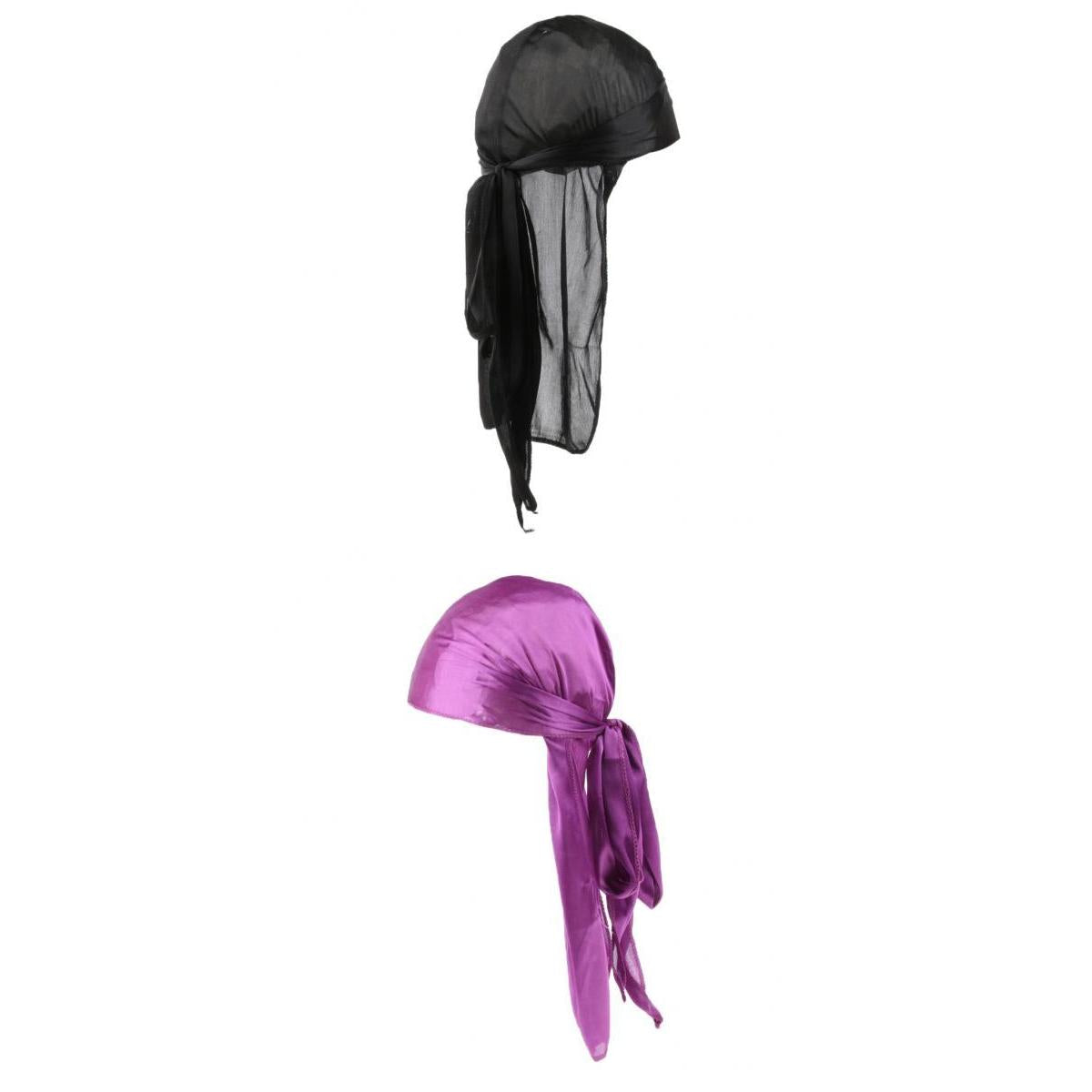2 Pieces Durag Headwear Cap Hair Loss Scarf Bandana Turban Black+Purple