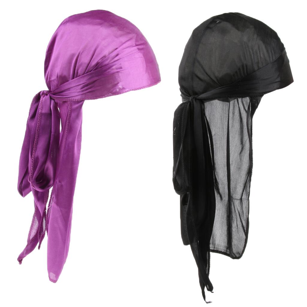 2 Pieces Durag Headwear Cap Hair Loss Scarf Bandana Turban Black+Purple