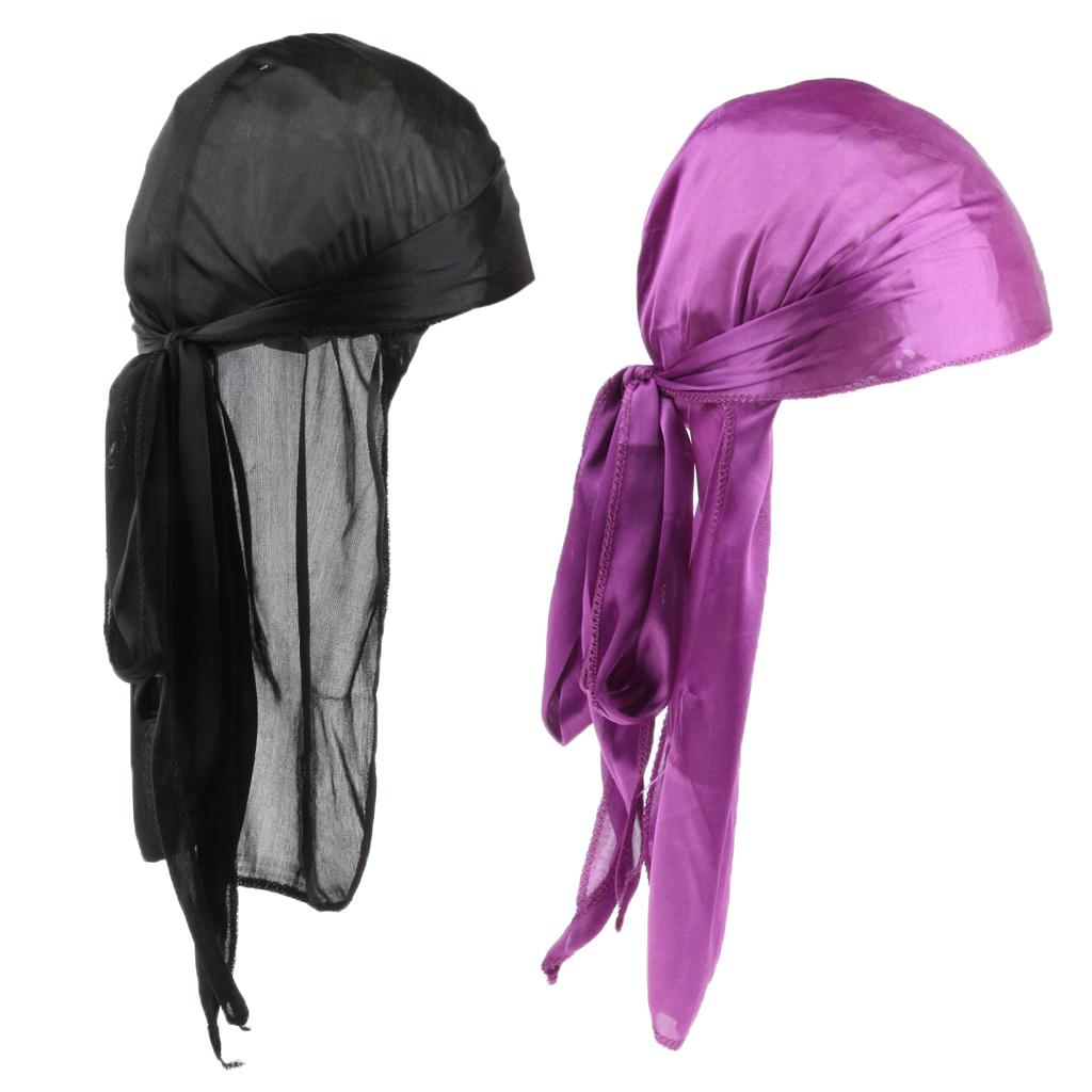 2 Pieces Durag Headwear Cap Hair Loss Scarf Bandana Turban Black+Purple
