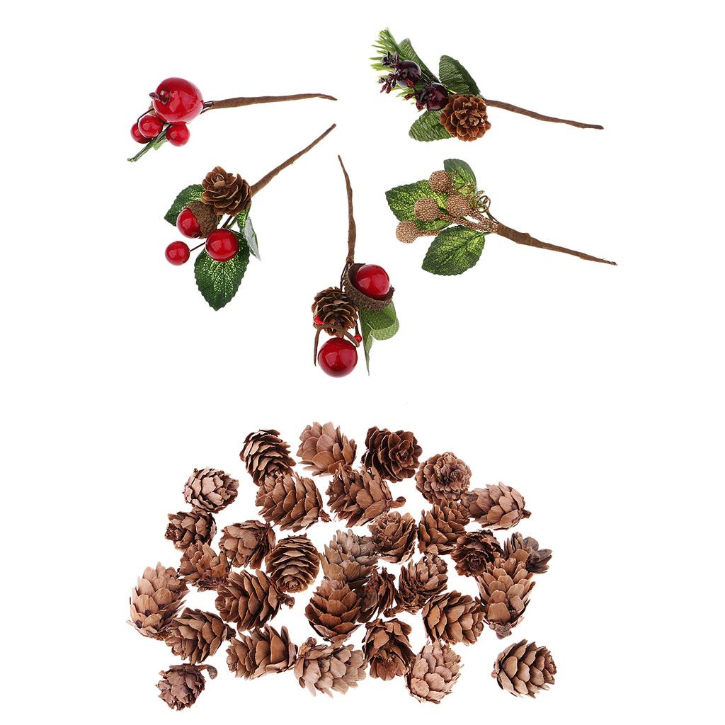 30x Artificial Dried Flowers+30x Real Natural Small Pine Cones for Decors