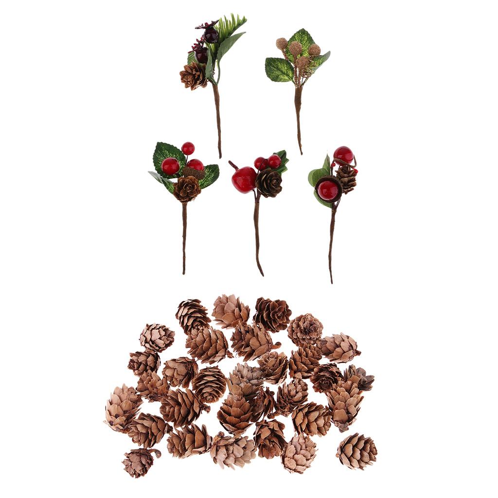 30x Artificial Dried Flowers+30x Real Natural Small Pine Cones for Decors