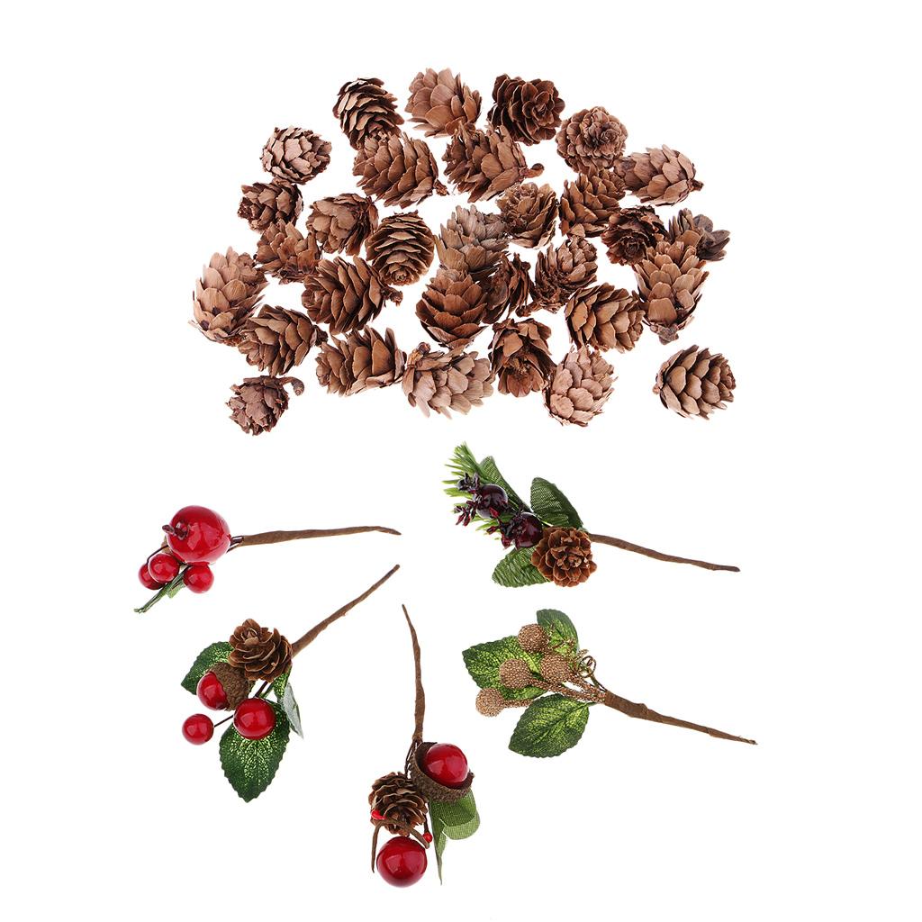 30x Artificial Dried Flowers+30x Real Natural Small Pine Cones for Decors