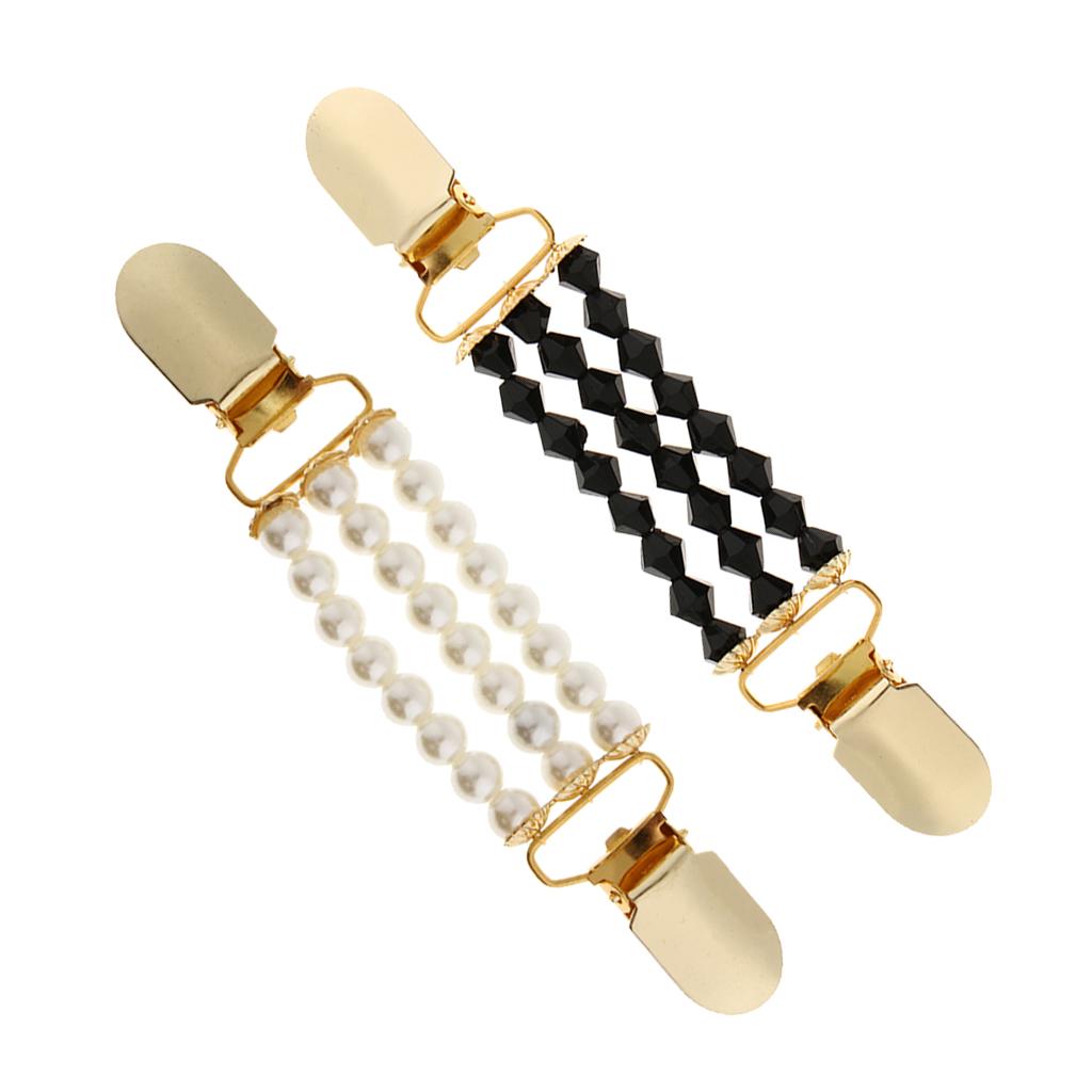 2x Women Lady Elegant Cardigan Sweater Clips Beaded Blouse Shirt Collar Clip