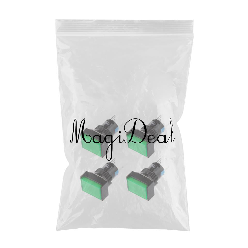 4xDC 12V Push Button Momentary Self Reset Square Switch with LED Light Green