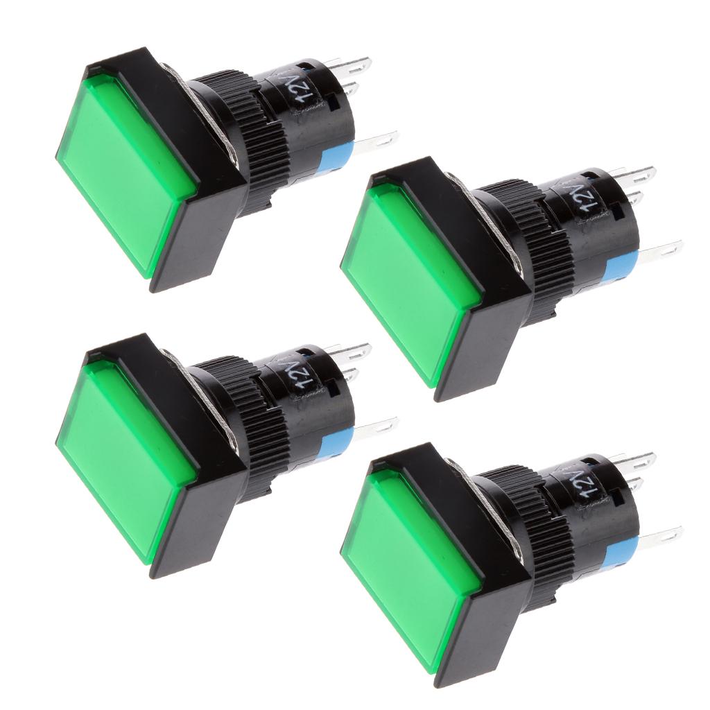 4xDC 12V Push Button Momentary Self Reset Square Switch with LED Light Green