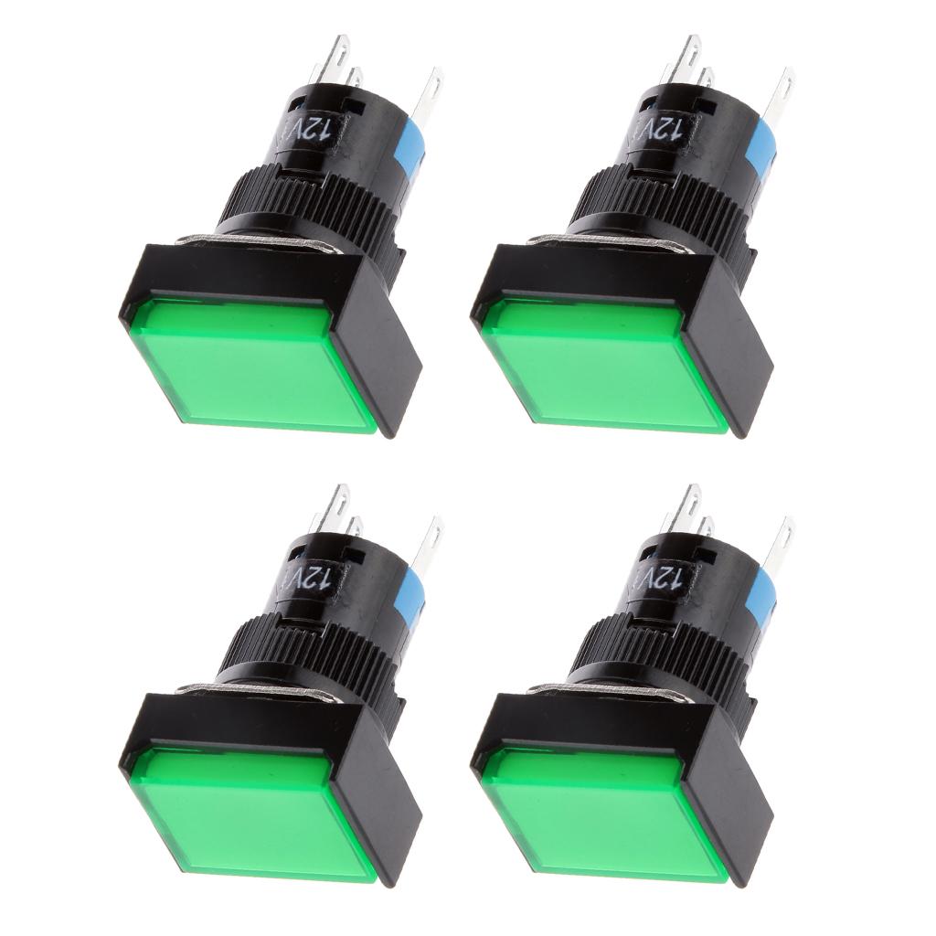 4xDC 12V Push Button Momentary Self Reset Square Switch with LED Light Green