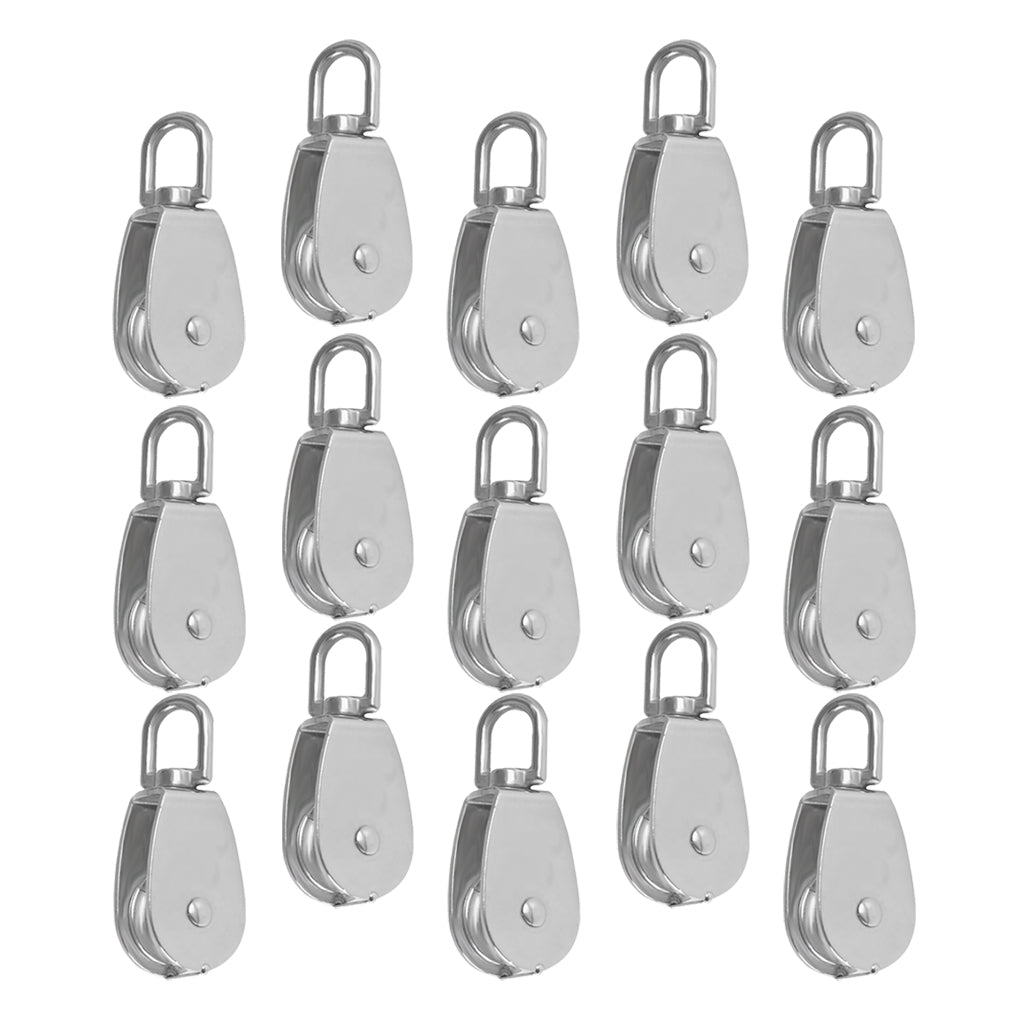 15pcs Stainless Steel Single Wheel Pulley Block Swivel Rope Sheave Eye 15mm