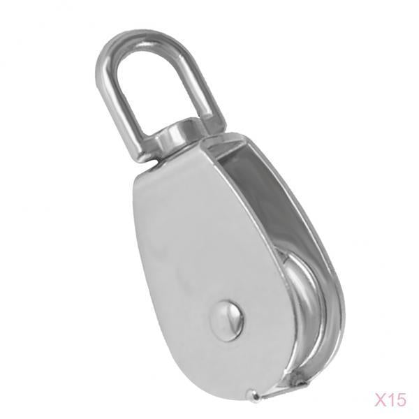 15pcs Stainless Steel Single Wheel Pulley Block Swivel Rope Sheave Eye 15mm