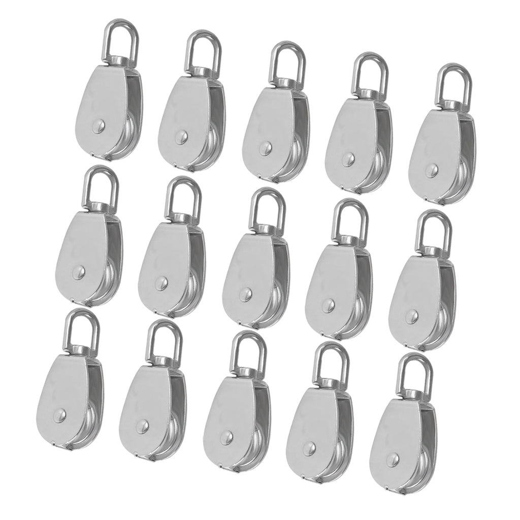 15pcs Stainless Steel Single Wheel Pulley Block Swivel Rope Sheave Eye 15mm
